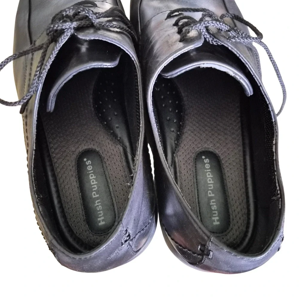 Hush‎ Puppies Mens Black Leather Derby Dress Shoes Square Toe Lace Up GUC 13 EW